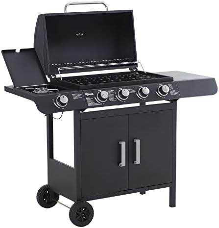 Gas BBQ Grill 4+1 Burner, Outdoor Barbecue with Wheels, Warming Rack, Side Shelves, Storage Cabinet, Temperature Gauge, 125 × 51 × 100 cm, Black