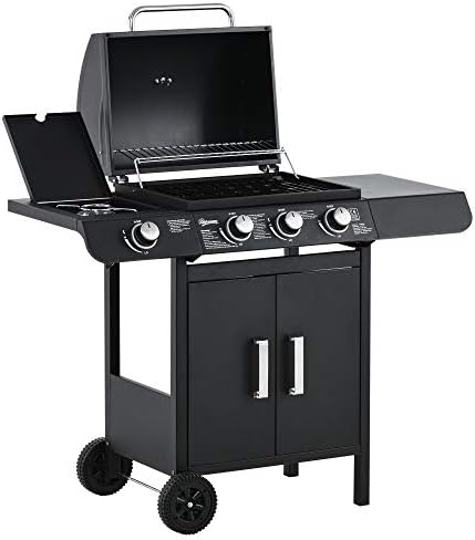 3+1 Burner Gas BBQ Grill, Outdoor Barbecue Trolley with Wheels, Warming Rack, Side Shelves, Storage Cabinet, Built-In Thermometer, for Garden