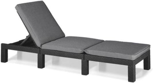 Allibert by Keter" Daytona Deluxe Sun Lounger for Garden, Patio and Balcony with Adjustable Headboard, Grey, including Garden Lounger Cushion, Flat Rattan Look, 195 x 65 x 25.5 cm