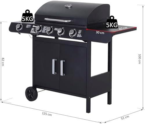 Gas BBQ Grill 4+1 Burner, Outdoor Barbecue with Wheels, Warming Rack, Side Shelves, Storage Cabinet, Temperature Gauge, 125 × 51 × 100 cm, Black