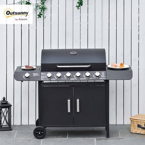 Gas BBQ Grill with 6 Main Burners and 1 Side Burner, Outdoor Barbecue Trolley, Warming Rack, Side Shelves, Storage Cabinet, Thermometer, Black