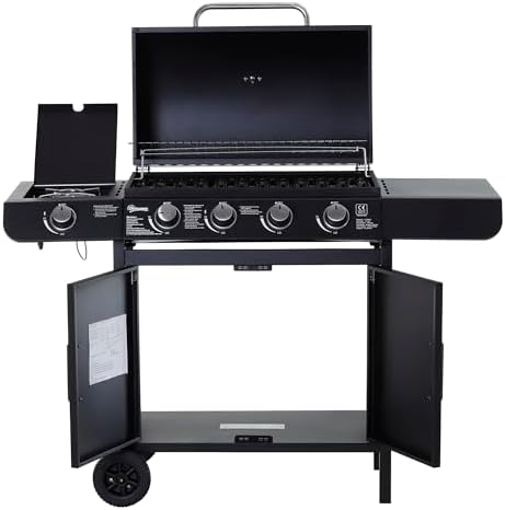 Gas BBQ Grill 4+1 Burner, Outdoor Barbecue with Wheels, Warming Rack, Side Shelves, Storage Cabinet, Temperature Gauge, 125 × 51 × 100 cm, Black
