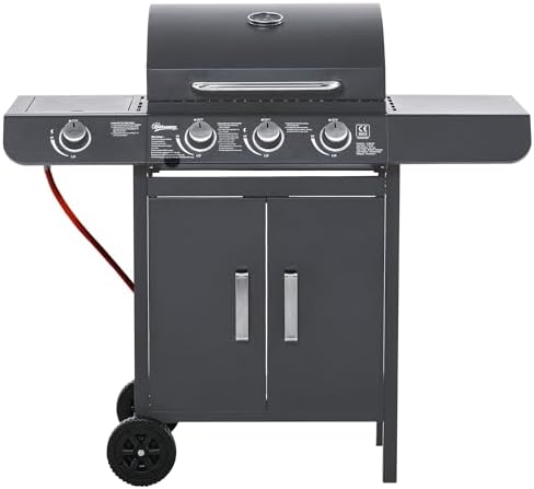 Gas BBQ Grill 3+1 Burner, Outdoor Barbecue with Wheels, Warming Rack, Side Shelves, Storage Cabinet, Temperature Gauge, 110 × 50 × 100 cm, Grey