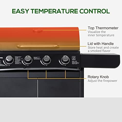Gas BBQ Grill 4+1 Burner, Outdoor Barbecue with Wheels, Warming Rack, Side Shelves, Storage Cabinet, Temperature Gauge, 125 × 51 × 100 cm, Black