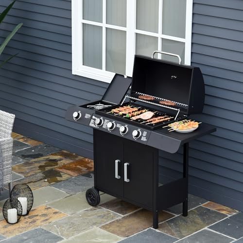 Gas BBQ Grill 4+1 Burner, Outdoor Barbecue with Wheels, Warming Rack, Side Shelves, Storage Cabinet, Temperature Gauge, 125 × 51 × 100 cm, Black