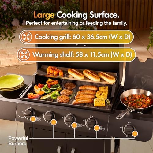4+1 Burner Gas BBQ Grill, Outdoor Barbecue with Warming Rack, Side Burner, Storage Cabinet, Temperature Gauge, Wheels, Gas Hose & Regulator