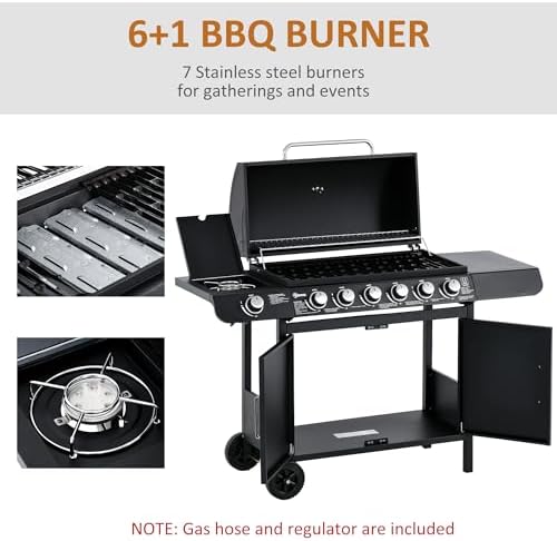 Gas BBQ Grill with 6 Main Burners and 1 Side Burner, Outdoor Barbecue Trolley, Warming Rack, Side Shelves, Storage Cabinet, Thermometer, Black