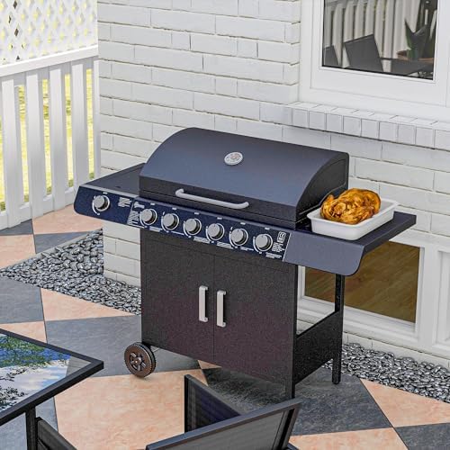 Gas BBQ Grill with 6 Main Burners and 1 Side Burner, Outdoor Barbecue Trolley, Warming Rack, Side Shelves, Storage Cabinet, Thermometer, Black
