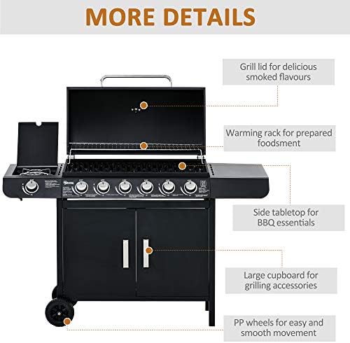 Gas BBQ Grill with 6 Main Burners and 1 Side Burner, Outdoor Barbecue Trolley, Warming Rack, Side Shelves, Storage Cabinet, Thermometer, Black