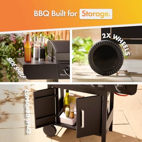 4+1 Burner Gas BBQ Grill, Outdoor Barbecue with Warming Rack, Side Burner, Storage Cabinet, Temperature Gauge, Wheels, Gas Hose & Regulator