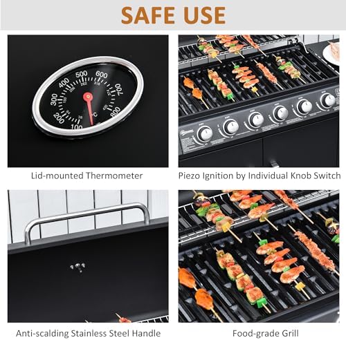 Gas BBQ Grill with 6 Main Burners and 1 Side Burner, Outdoor Barbecue Trolley, Warming Rack, Side Shelves, Storage Cabinet, Thermometer, Black