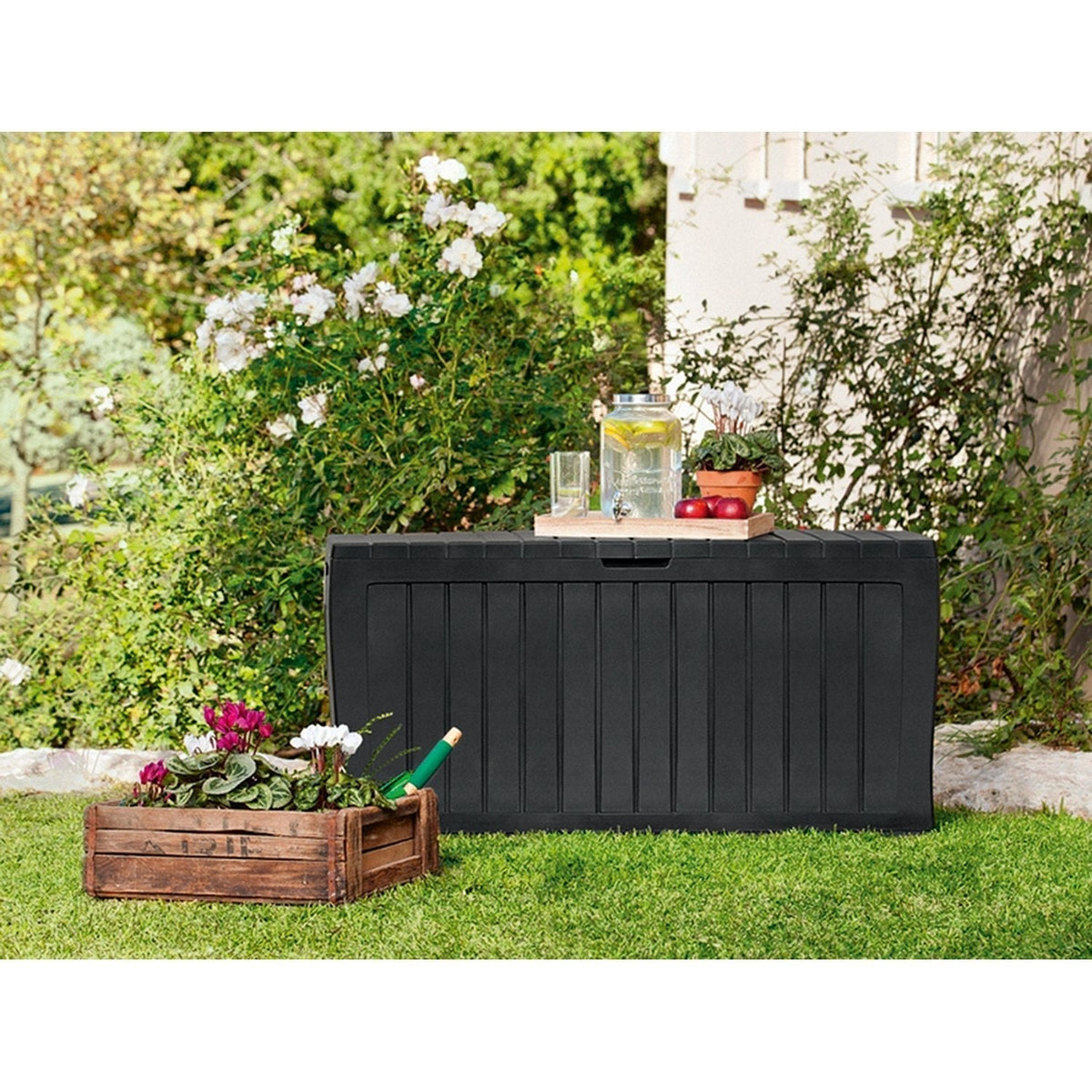 Keter Marvel Plus 270L Garden Storage Box Chest Waterproof Weather Resistant Wheels Handles Lockable Sturdy Graphite Dark Grey