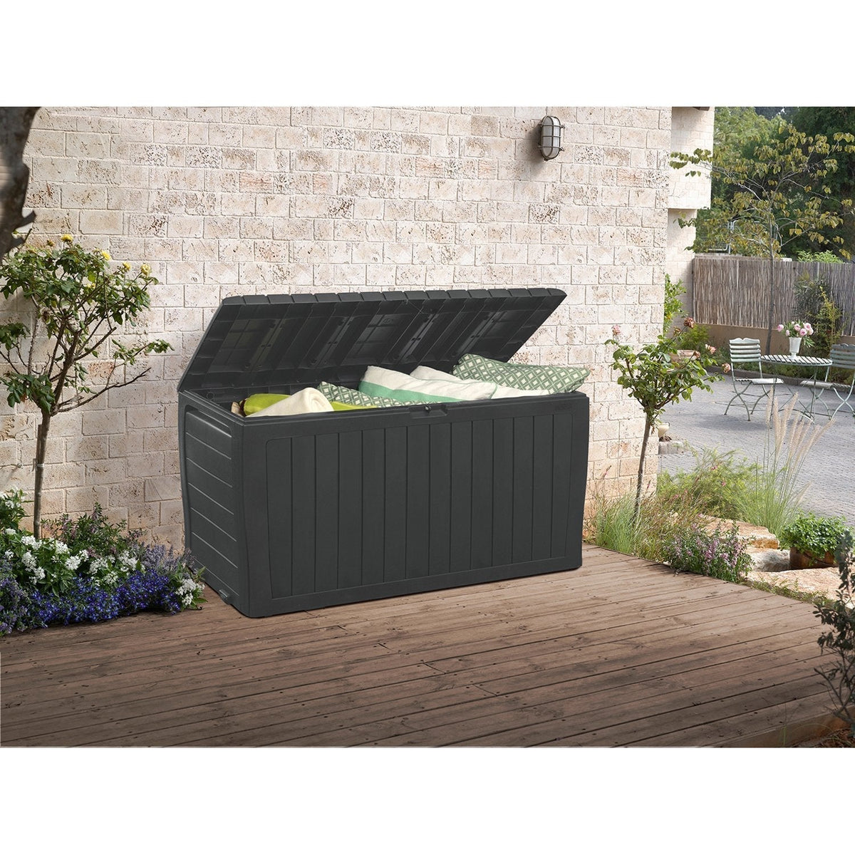 Keter Marvel Plus 270L Garden Storage Box Chest Waterproof Weather Resistant Wheels Handles Lockable Sturdy Graphite Dark Grey