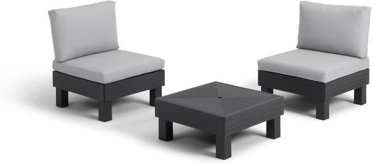 Keter Elements 2 Seater 100% recycled Outdoor Garden Furniture Modular Balcony Set - Graphite with Grey Cushions Fade Free | All Weather Resistant | Easy Clean | Zero Maintenance