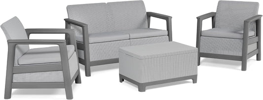 Keter Scandi Linea 4 Seater Garden Lounge Set - Grey | Outdoor Sofa & Armchairs with Storage Table | Weather-Resistant Garden Patio Furniture