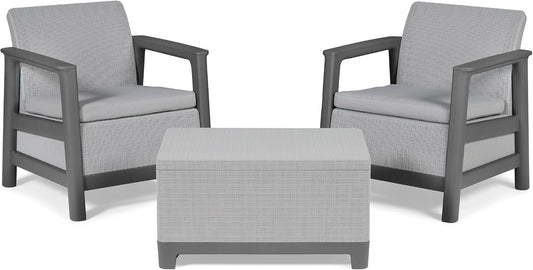 Keter Scandi Linea Balcony Furniture Set - Grey | Outdoor Armchairs & Storage Coffee Table | Weather-Resistant Patio Furniture