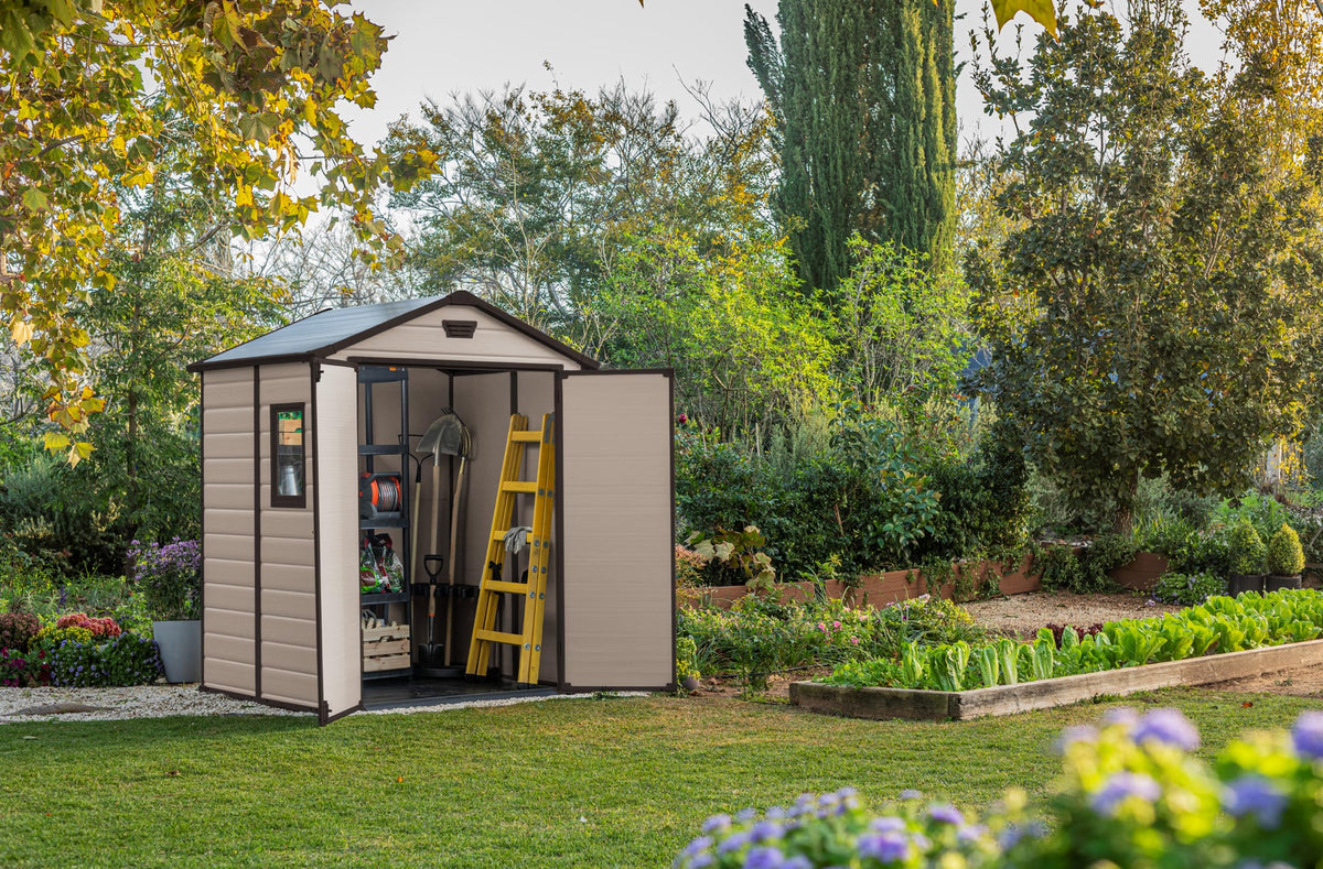 Keter Manor Outdoor Apex Double Door Garden Storage Shed 6 x 5ft Beige Brown Wood effect | Fade Free | All Weather Resistant | Safe and Secure | Zero Maintenance | 15 year Warranty